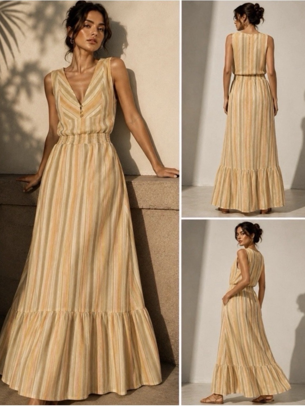 Prana Sleeveless V-Neck Maxi Dress Soft Yellow Stripe 100% Organic Cotton Sz S